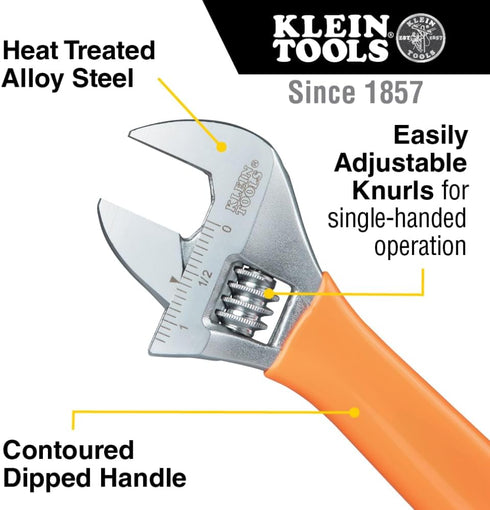 O5064 4-Inch Klein Tools Adjustable Wrench, Extra-Capacity Jaw, Forged Heat-Treated Alloy Steel, SAE, Metric Scales
