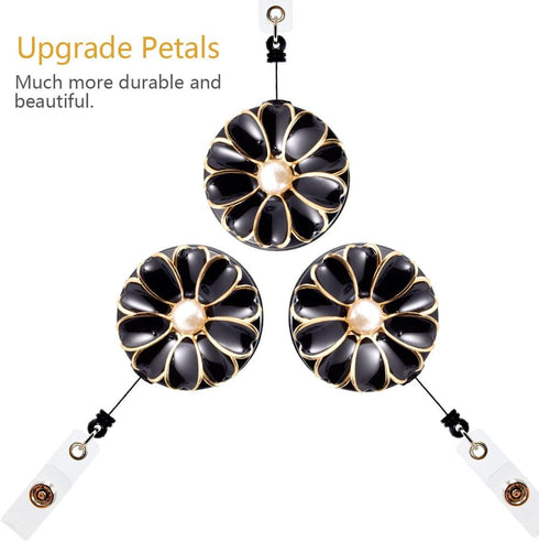 Retractable Badge Holder, ID Badge Reel with Pearl, 3 Pack, Black