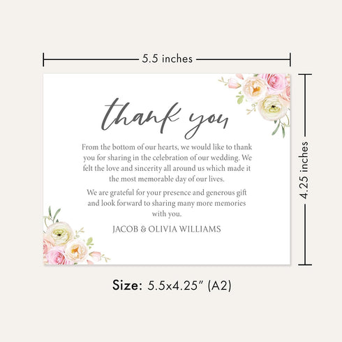 5.5x4.25 4) Personalized Wedding Thank You Cards with Message, Flat Thank You Note Cards with Blush Pink Peonies