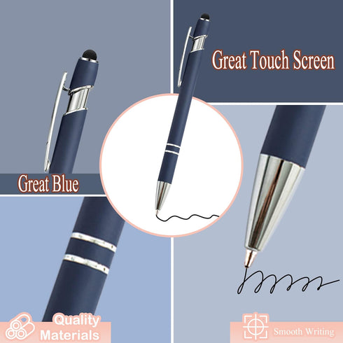 PASISIBICK 12 Pieces Blue Ballpoint Pen with Stylus Tip, 2 in 1 Stylish Metal Pen for Touch Screens, Black Ink (12 PCS)