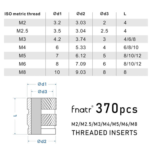 370PCS Threaded Inserts Heat Inserts Kit M2, M2.5, M3, M4, M5, M6, M8 Brass Heat Set Insert Knurled Nuts for Plastic Parts 3D Printing Accessories 3D Printing Tool