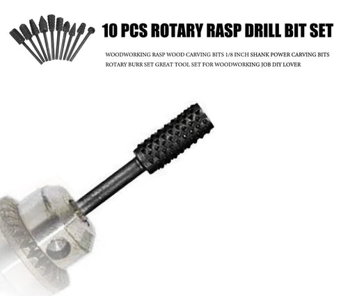Rasp Wood Carving Bits for Woodworking, 1/8 Shank Mini Rotary Burr Rasp Set, 10 pcs Power Carving Bit Tools