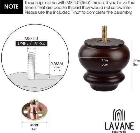 La Vane 3 Inch 4PCS M8 8cm Classic Bun Feet, Solid Wood Furniture Legs with Bolts & Mounting Plates Small Size