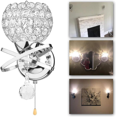 Ygapuzi E14 Modern Crystal Wall Light Flush Mount Wall Sconces Lamp Chrome Finish Bedside Lighting Fixture with Socket