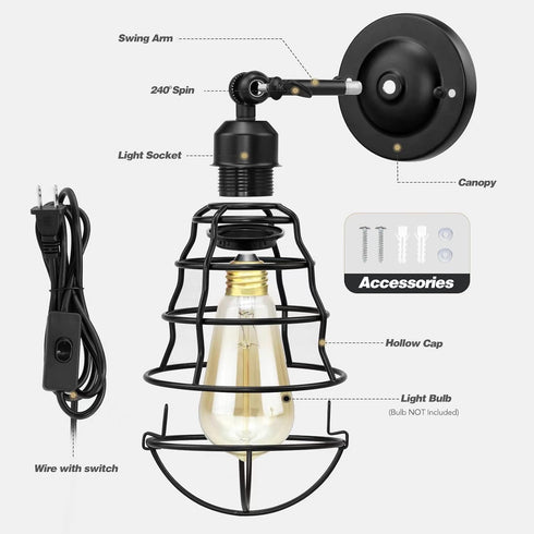 2pack, LYOOWNG Plug in Wall Sconces Industrial Wall Lamp with Plug in Cord, Farmhouse Wall Sconces, Wire Cage Wall