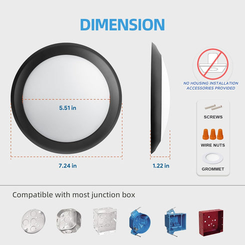6 Inch Dimmable 16.5W 1100Lm 5000K ECOELER Black LED Disk Lights, Surface Mount/Recessed Ceiling Downlight, Daylight