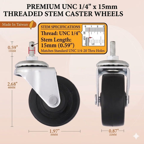 2 Inch 1/4 Inch (Pack 4) AXL Caster Wheels, Threaded Stem Swivel Casters with Brake, Quiet Rolling PVC Wheels
