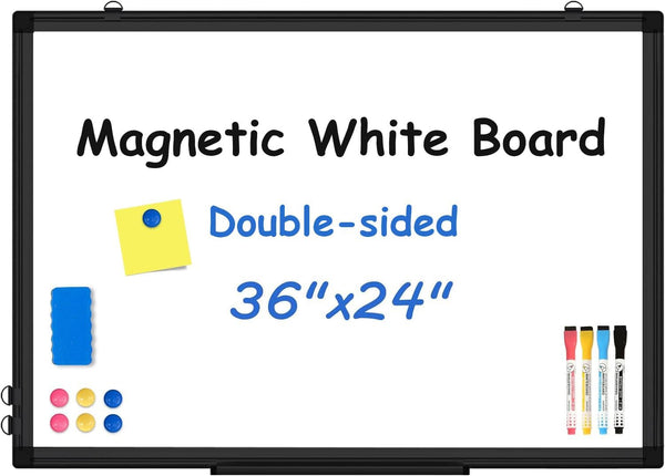Double-Sided White Board with Black Aluminium Frame, 36" x 24" Magnetic Dry Erase Board for Home, School, Office
