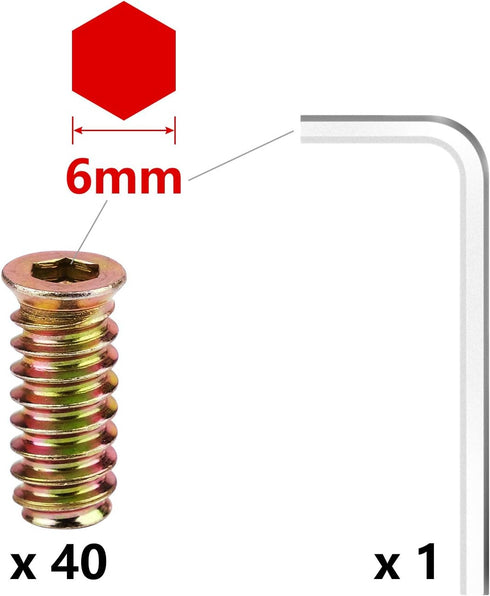 40Pcs Anwenk 1/4"-20 x 25mm Furniture Screw-in Nut, Threaded Wood Inserts with Hex Spanner
