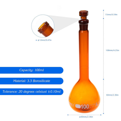 ALWSCI 100 ML Volumetric Measuring Flask Set, Amber Graduated ASTM Class A Borosilicate Glass 3.3, 2 PCS