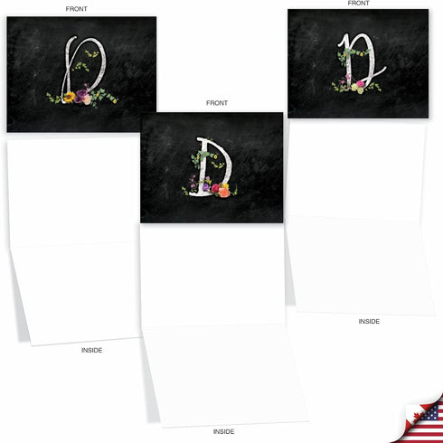 The Best Card Company - 10 Initial Letter D Assorted Blank Notecards, Floral Monogrammed Stationery