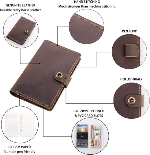 Leather Writing Journal Notebook, A6 Personal Size Traveler's Notebook with Pockets, 6 Ring Binder Planner