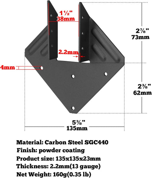 20 Pcs Black Hurricane Tie - Thickness 2.2mm (13 Gauge) Joist Hangers for Roofing Trusses Wood Timber Connectors