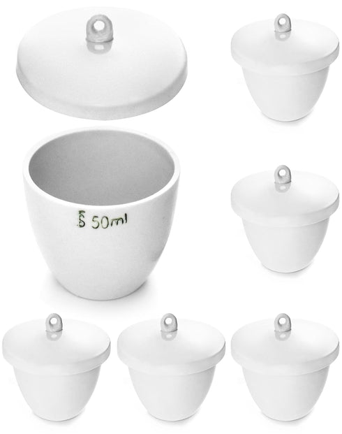 QWORK Lab Porcelain Crucible with Lid, 50ml Capacity, White, Smooth Surface, 6 Pack for Heating Chemicals