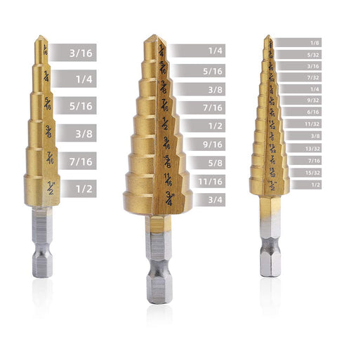 Aleric Step Drill Bit Set, Titanium Coated, High Speed Steel Cone Bits for Sheet Metal Hole Drilling, 3pcs