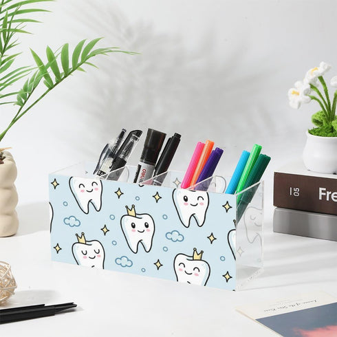 Ainavmxzs 4 Cute Cartoon Tooth Crown Acrylic Makeup Brush Holder With Compartments Hair Product Organizer Pen Holder