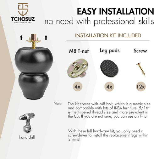 TCHOSUZ 4 inch 10cm Pack 4 M8 / Wooden Furniture Legs, of Classic Black Solid Wood Turned DIY Replacement Bun Feet