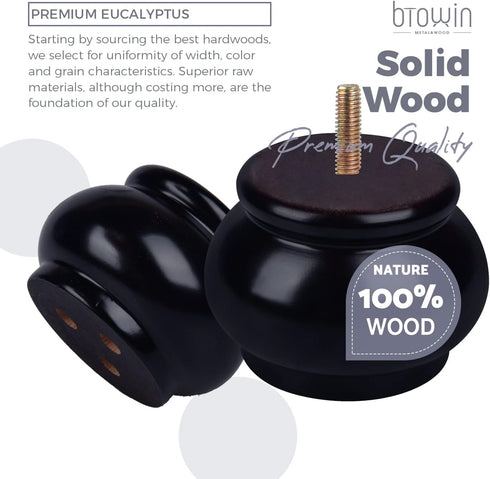 Btowin 2 inch 4Pcs 5/16'' Solid Wood Furniture Legs, Round Wooden Bun Feet with Threaded Hanger Bolts & Mounting Plate