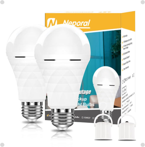 A19 Rechargeable Light Bulbs, 60 Watt Equivalent, Self-charging Emergency Light Bulb, 1200mAh Battery, 2 PK