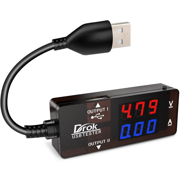 DROK USB Tester, USB-A 2.0 Digital Multimeter, Dual USB Output Ports, Color LED Display, Voltage Current Power
