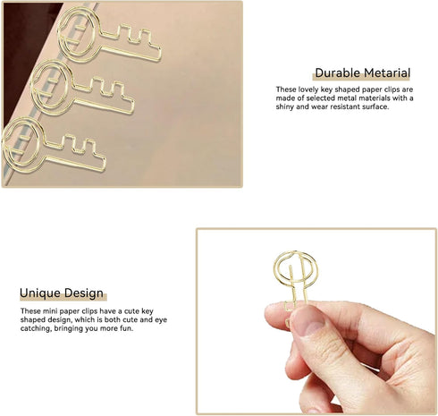 Key Shaped Paper Clips, 100Pcs Metal Bookmark Clips, Gold Wire for Home School Office Document Organizing