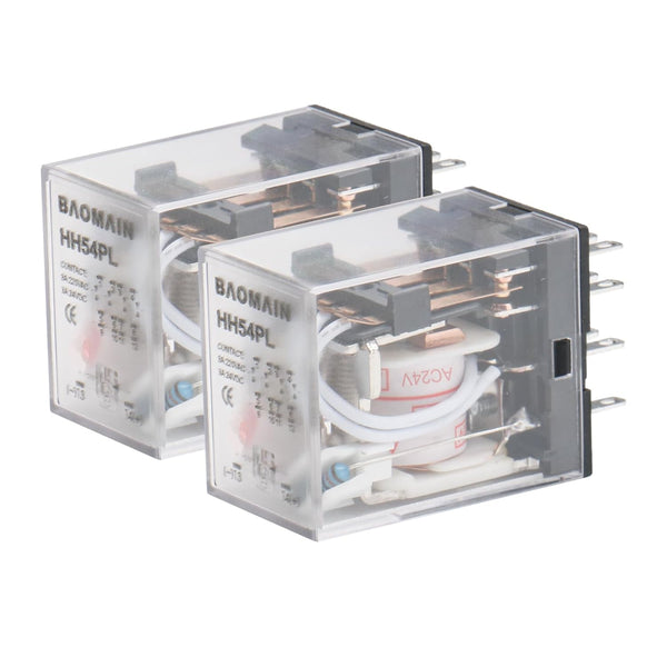 Baomain General Purpose Power Relay HH54PL AC 24V Coil with LED Indicator, Pack of 2