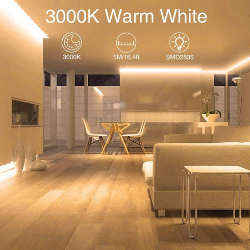Lights,Onforu16.4ft Dimmable Lighting,3000K 5m 12v 2835 Warm LED Strip Strip Tape Light, LEDs Flexible Warm White Rope
