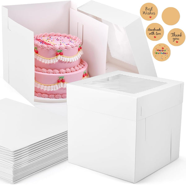 12Pcs Tall Cake Boxes with Window, 12x12x12 Inches, White Disposable Carrier Container for Multi-Layer Cakes, Bakery