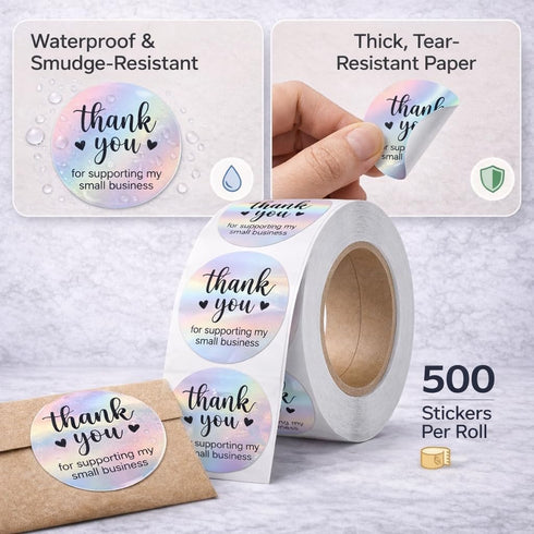 IBAKE 500 1.5 Inch Packaging PCS Holographic Thank You for Supporting My Small Business Stickers Round Self-Adhesive