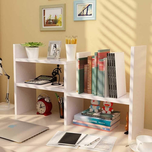 Expandable Wood Desktop Bookshelf - Adjustable Office Storage Rack, Display Shelf for Supplies