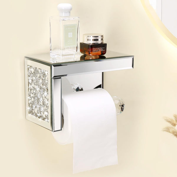 TACIDON Crystal Crush Diamond Toilet Paper Holder with Mirrored Shelf. Silver Modern