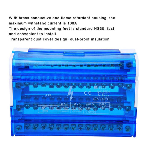 Terminal Block Distribution Box, Din Rail 4-Level Single Phase with Transparent Dust Cover, 125A 500V
