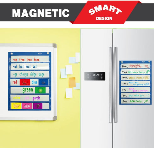 Magnetic Pocket Chart with 10 Dry Erase Cards for Standards, Daily Schedule, Activities, Class Demonstrations (Blue)