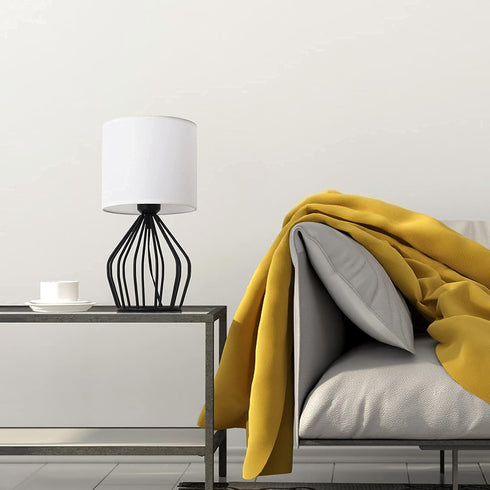 HAITRAL Modern Bedside Table Lamp - Minimalist Small Lamp with Hollowed Out Base Linen Fabric Shade,Metal Nightstand