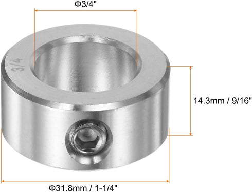 Shaft Collar 3/4" Bore 304 Stainless Steel Set Screw Shaft Collars, 1-1/4" OD, 9/16" Width, for Wheel Barrow Axle, Gearbox Assemblies, Machine Tools, Industry