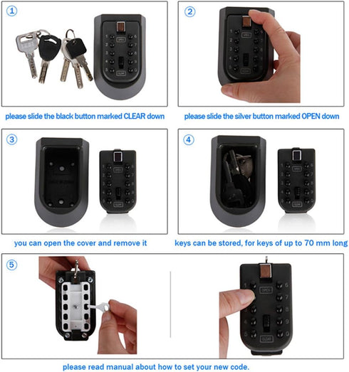 Indoor & Outdoor Key Lock Box Wall Mounted Push Button Combination Safe Storage with Black Rubber Cover