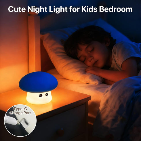 3 Dimmable Cute Blue Mushroom Night Light for Kids Rechargeable, Battery Operated Nightlight Level with RGB&Timer