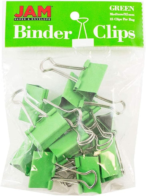 JAM PAPER Colorful Binder Clips - Medium 1 1/4 Inch (32 mm) Green Binderclips, 15 Pack for Office Supplies