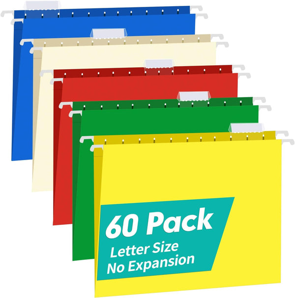 HERKKA 60 Pack Reinforced Letter Size Hanging File Folders, Heavy Duty 0 Inch Expansion, Assorted Colors for Bulky Files
