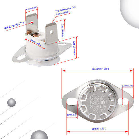 Aopin KSD301 Thermal Control Switch, Normally Open NO 90 Degrees 250V 16A Thermostat Temperature Switch 8pcs