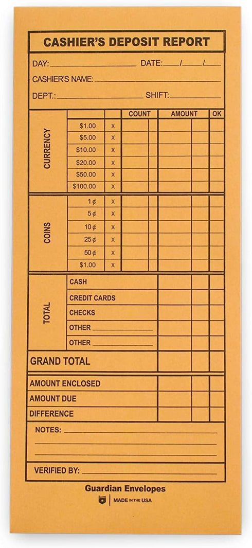 Guardian Cashier Deposit Report Envelopes - Pack of 100 Cash Drop Envelopes for Small Businesses
