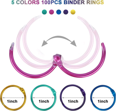 MUSCELL 100pcs 1 Inch Binder Rings, Loose Leaf Office Book Rings in Assorted Colors