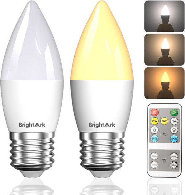 BrightArk E26 LED Light Bulbs with Remote Control, 400LM 4W Stepless Dimmable 3000K-4000K-6000K