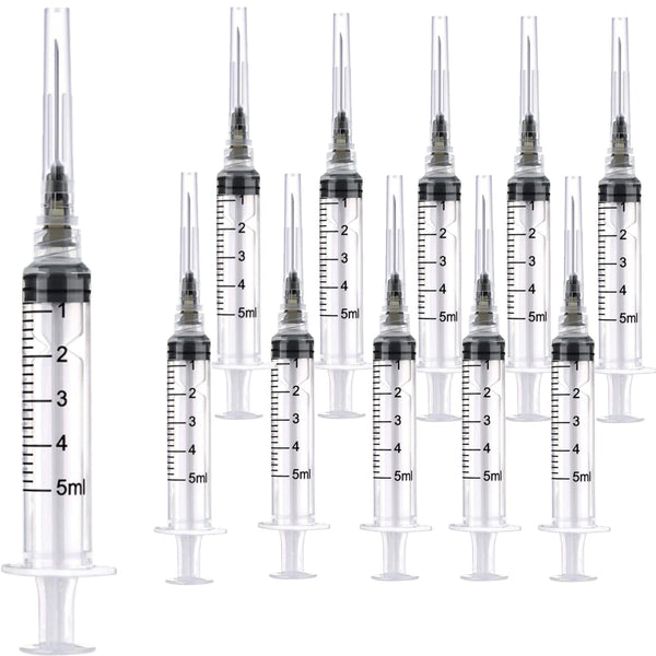 100 Pack 5ml 22Ga Plastic Syringe - Disposable Individually Wrapped for Scientific Labs and Industrial Use