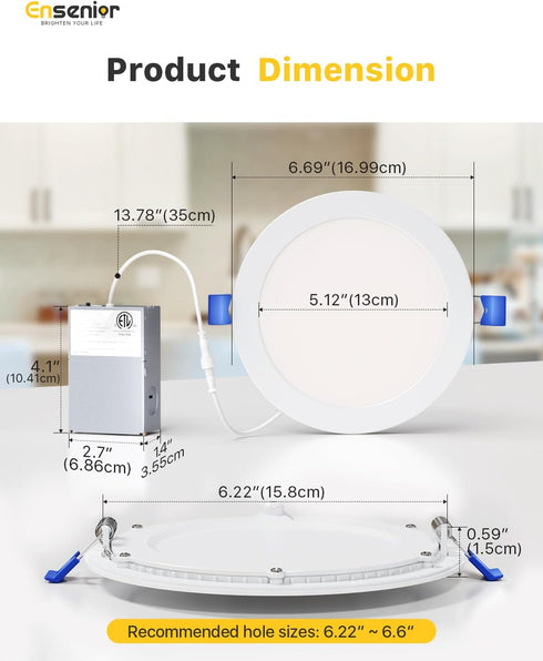 1 Pack 6 Inch Dimmable, 5000K 1050LM 12W 120V, Ensenior LED Recessed Light, Daylight, High Brightness, Damp Rated