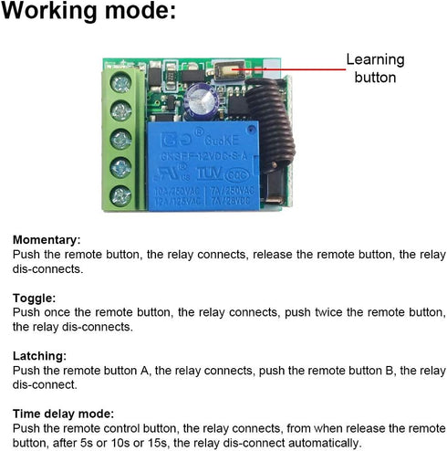 12V 1CH 433Mhz 164ft (1relays) DC RF Wireless Relay Module Remote Control Momentary Switch Transmitter and Receiver