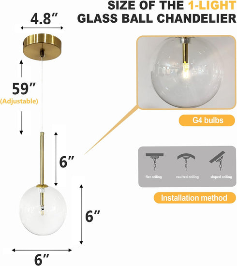 6" 1-Light Mini Glass Bubble Chandelier Light Fixture Gold, Clear Globe Glass Pendant Lighting Ball Chandeliers