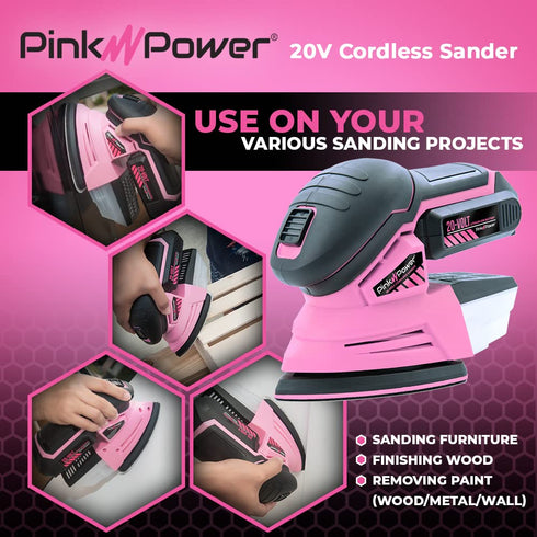 Pink Power Sandpaper for 20V PP204 Cordless Electric Hand Sander, P60/P80/P120 Grit Pads