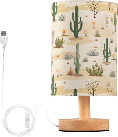 SPRIPORT Wilderness Cactus Bedside Table Lamp for Bedroom Nightstand Lamp with Wood Base