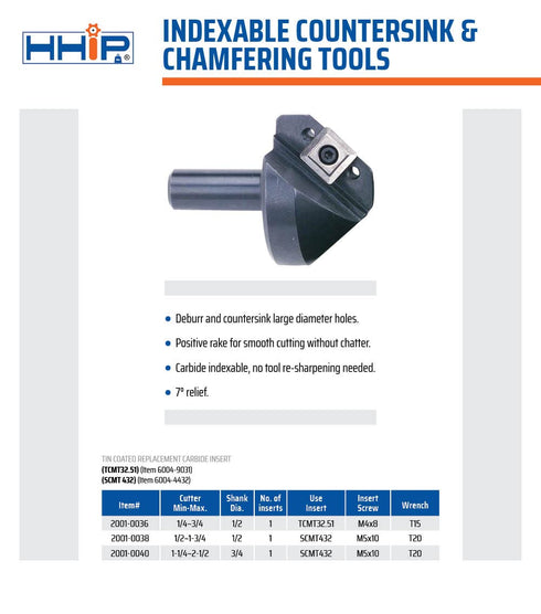 HHIP 1/2-1-3/4 Inch Indexable Countersink & Chamfer Tool, 82 Degree